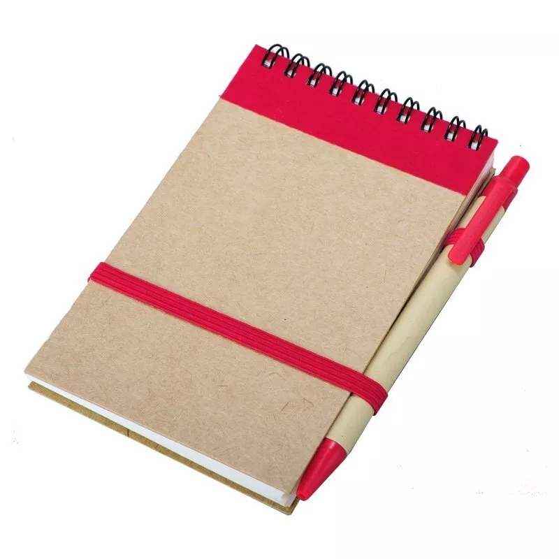 Notes Kraft 90x140/70k gładki z długopisem, czerwony/beżowy (R73795.08)