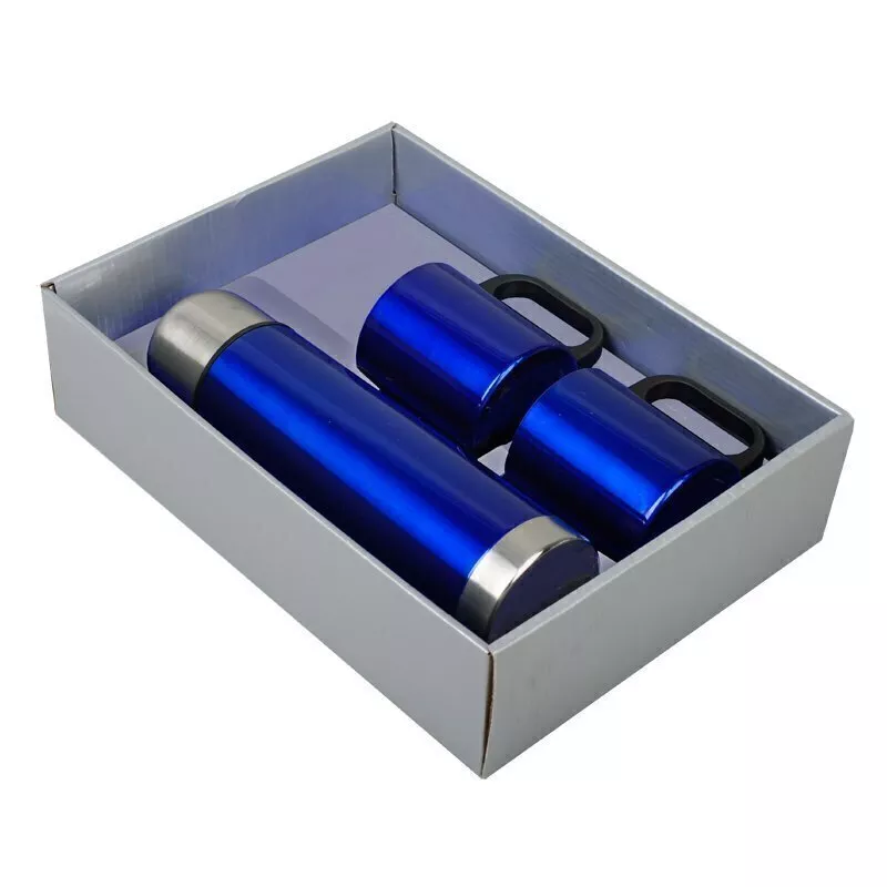 Metalowy termos Picnic 480 ml + 2 kubki, niebieski/srebrny (R08383), dla firm 2